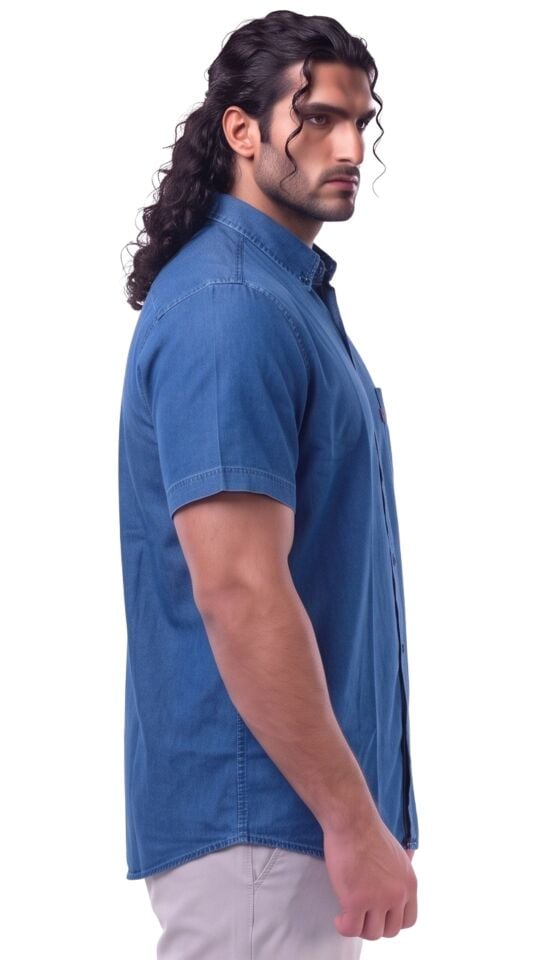 Erkek Büyük Beden 155 Kiloya Kadar Uygun Geniş Kalıp Kısa Kol % 100 Pamuk Tek Cepli Kot Gömlek Jeans