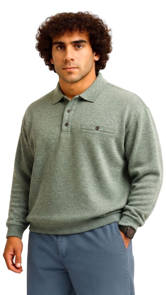 Erkek Büyük Beden 122 Kilo - 158 Kilo Arası İçin Uygun Geniş Kalıp Polo Yaka Selanik Sweat Haki