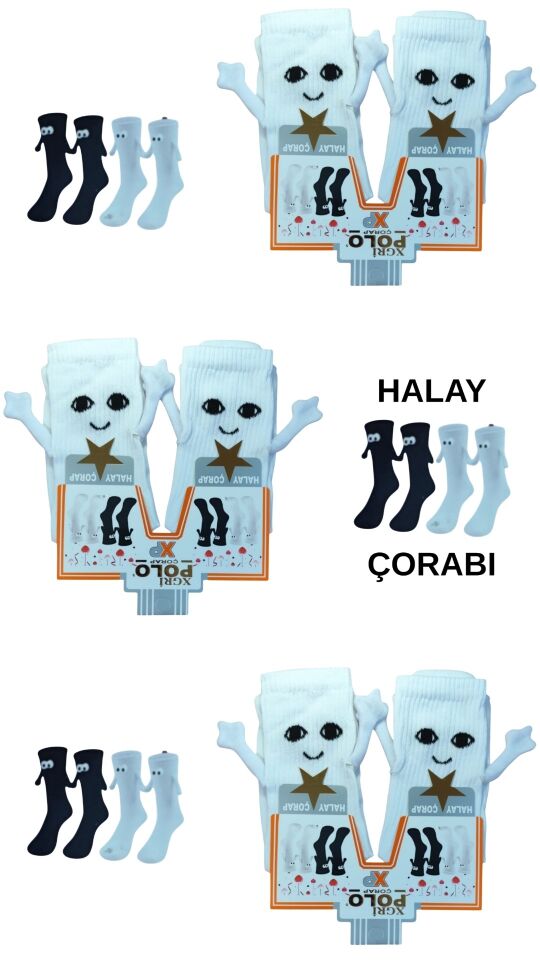 3 Çift Mıknatıslı El Ele Halay Çeken Görünümlü Gülücüklü Penye Kolej Çorabı Beyaz