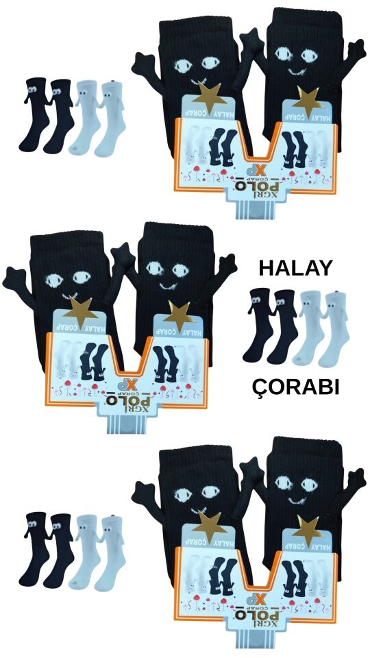 3 Çift Mıknatıslı El Ele Halay Çeken Görünümlü Gülücüklü Penye Kolej Çorabı Siyah